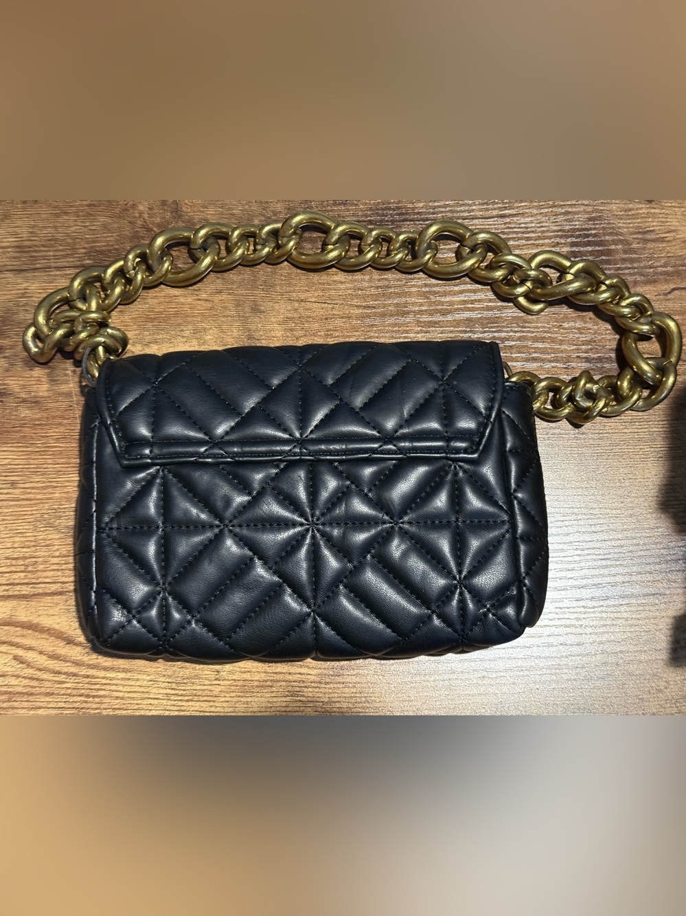 Zara Quilted Black Leather Crossbody Bag with Chunky Gold Toned Chain - Picture 2 of 4